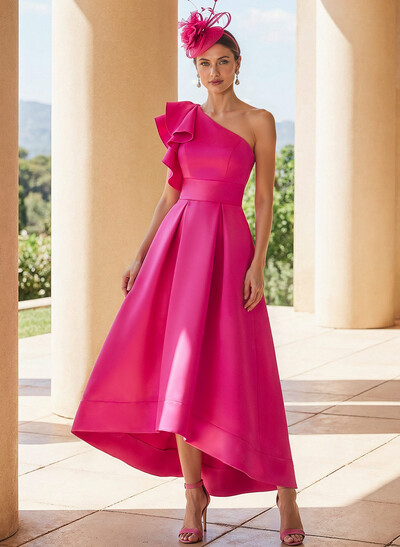 Elegant One-Shoulder With Ruffle Satin Cocktail Dresses With Pockets