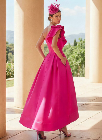 Elegant One-Shoulder With Ruffle Satin Cocktail Dresses With Pockets