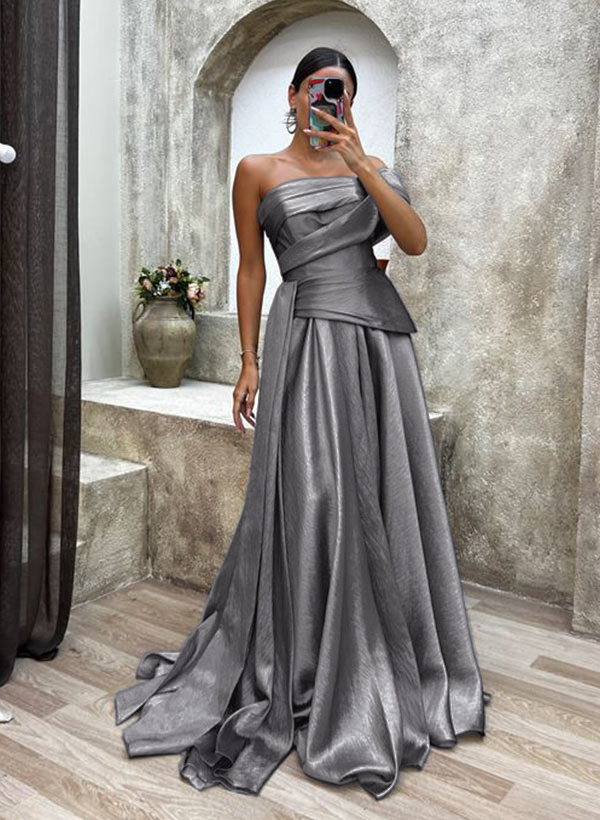 A-Line Strapless Sleeveless Sweep Train Satin Evening Dresses