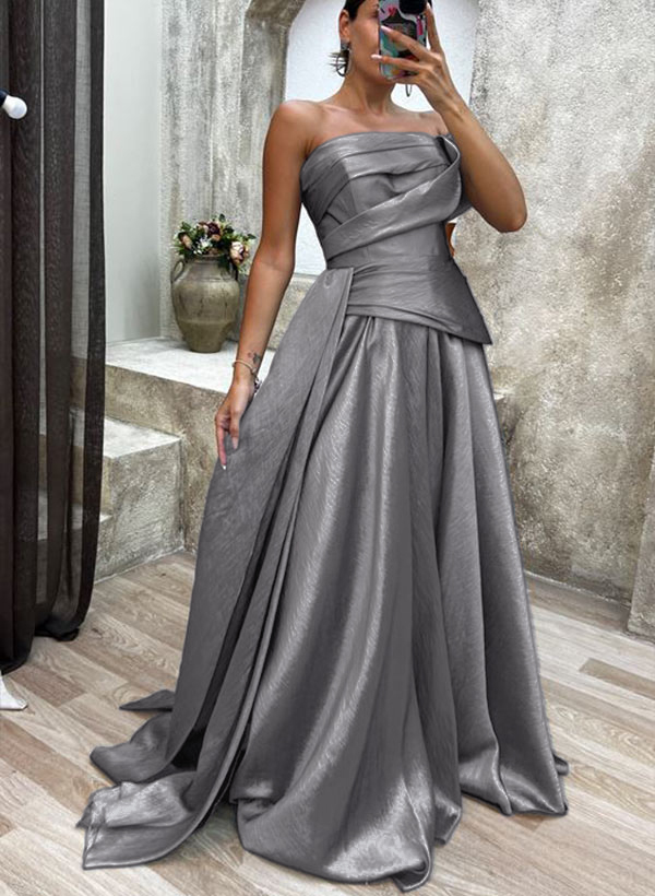 A-Line Strapless Sleeveless Sweep Train Satin Evening Dresses