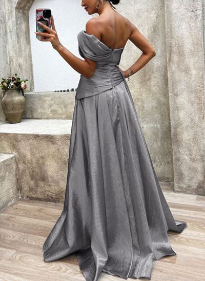 A-Line Strapless Sleeveless Sweep Train Satin Evening Dresses