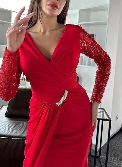 Sheath V-Neck Long Sleeves Sweep Train Elastic Satin Evening Dresses With Sequins