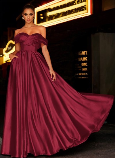 Off-The-Shoulder Satin A-Line Evening Dresses With Pockets