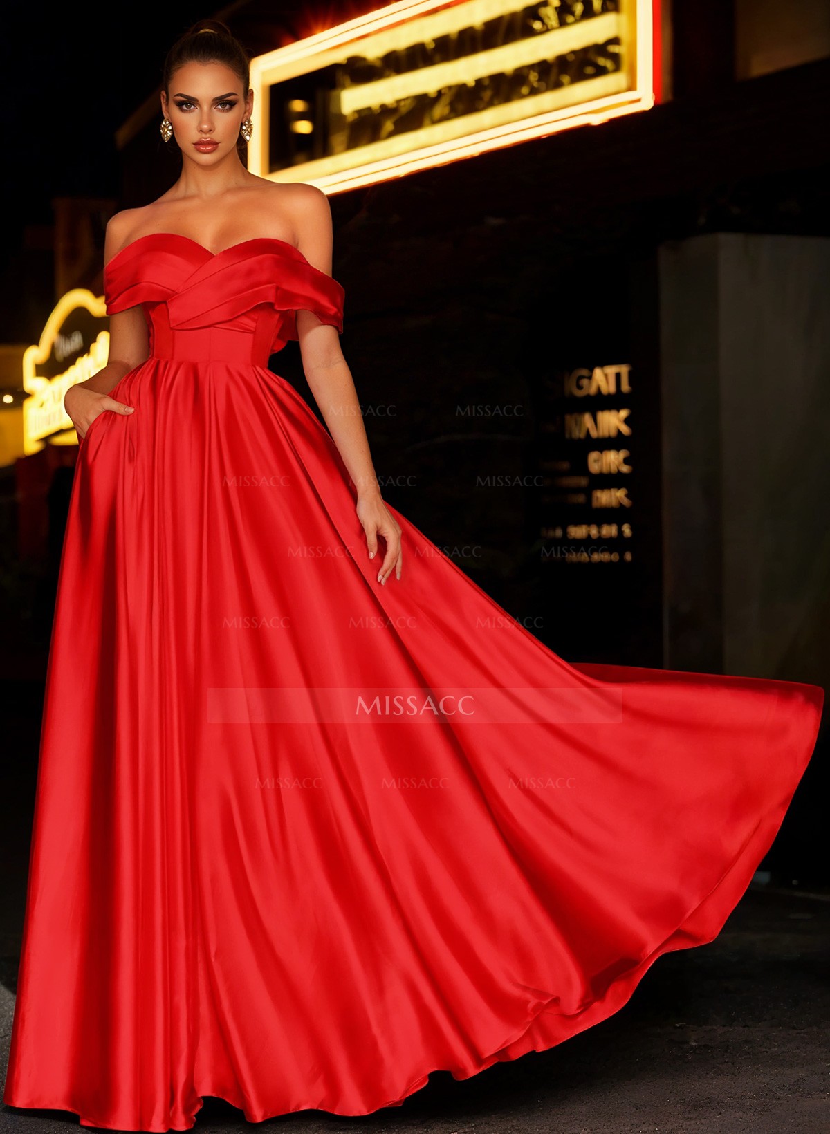 Off-The-Shoulder Satin A-Line Evening Dresses With Pockets