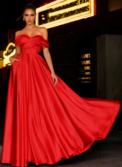 Off-The-Shoulder Satin A-Line Evening Dresses With Pockets