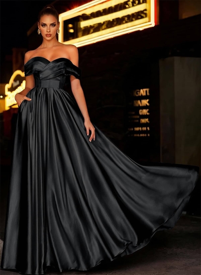 Off-The-Shoulder Satin A-Line Evening Dresses With Pockets