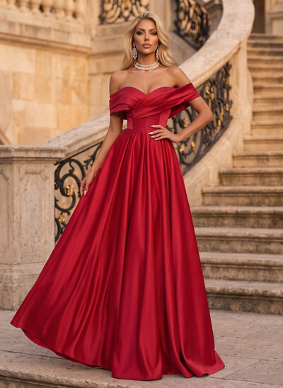 Off-The-Shoulder Satin A-Line Evening Dresses With Pockets