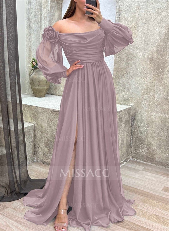 Off-The-Shoulder Long Sleeves Flowers Evening Dresses With Chiffon