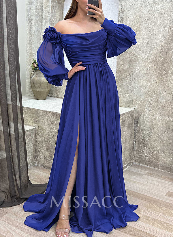 Off-The-Shoulder Long Sleeves Flowers Evening Dresses With Chiffon