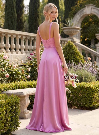 Satin A-Line Open Back Pockets Evening Dresses