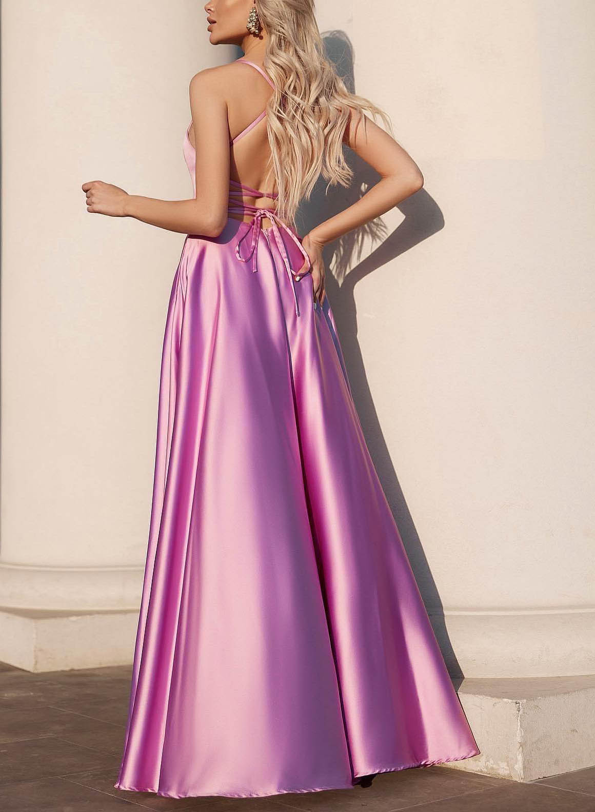 Open Back Spaghetti Straps A-Line Evening Dresses With Satin