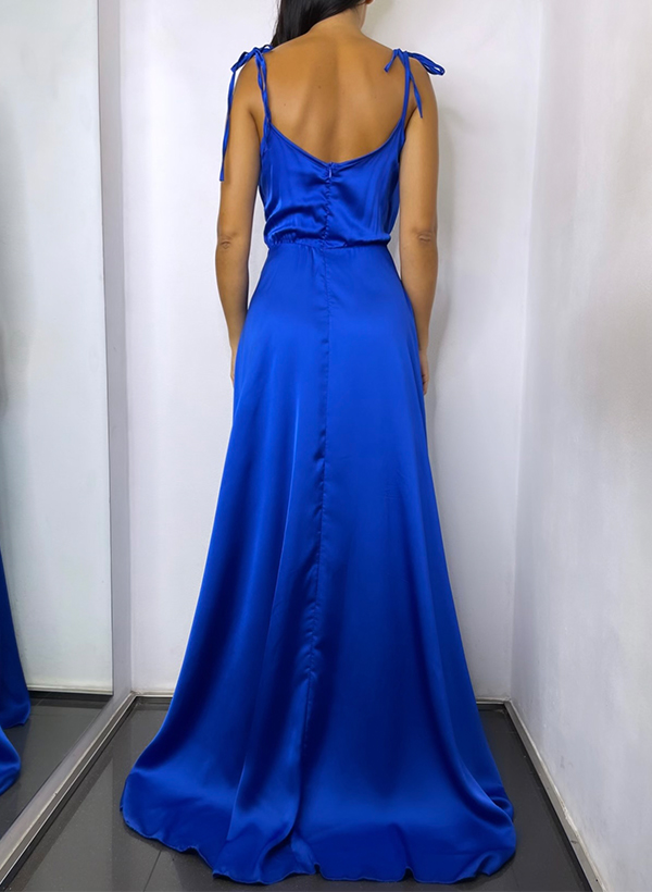 A-Line Cowl Neck Sleeveless Sweep Train Prom Dresses With Split Front