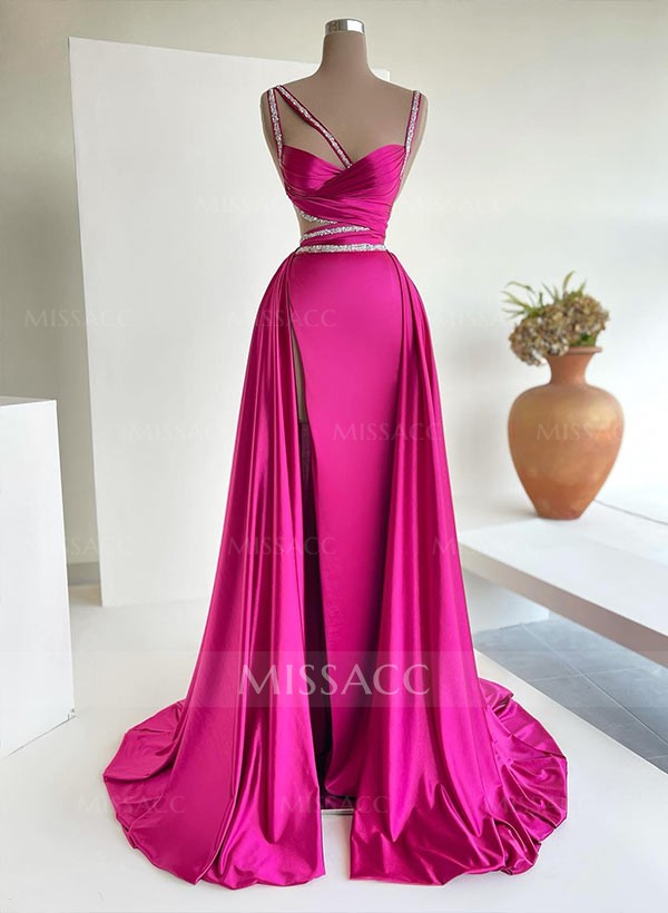 Sheath/Column Sleeveless Sweep Train Charmeuse Evening Dresses