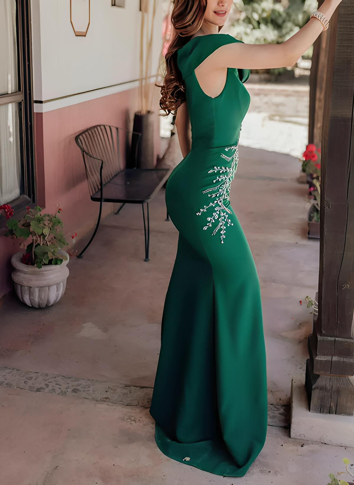 Mermaid Asymmetrical Neck Sleeveless Sweep Train Elastic Satin Evening Dresses With Appliques Lace