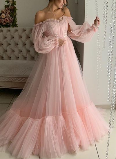 A-Line Off-The-Shoulder Long Sleeves Sweep Train Tulle Evening Dresses