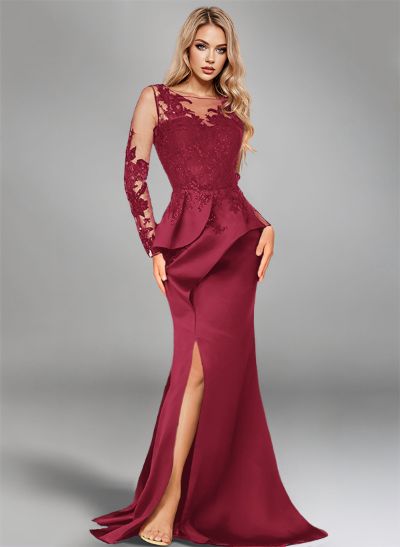 Mermaid Illusion Neck Long Sleeves Sweep Train Satin Evening Dresses With Appliques Lace