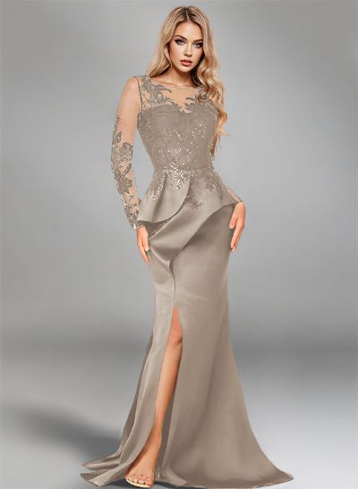 Mermaid Illusion Neck Long Sleeves Sweep Train Satin Evening Dresses With Appliques Lace