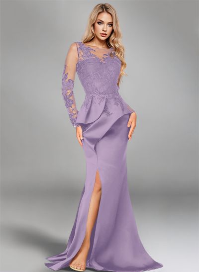 Mermaid Illusion Neck Long Sleeves Sweep Train Satin Evening Dresses With Appliques Lace