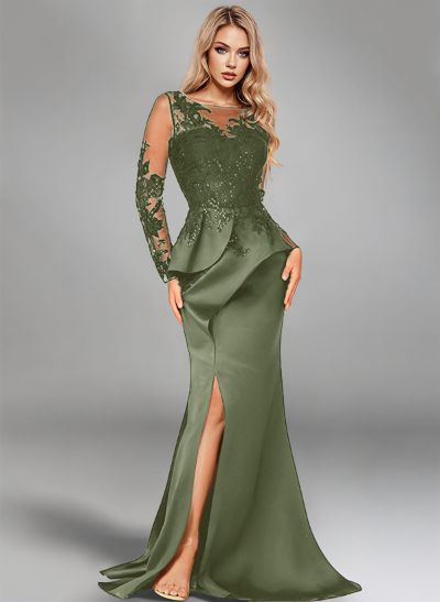 Mermaid Illusion Neck Long Sleeves Sweep Train Satin Evening Dresses With Appliques Lace