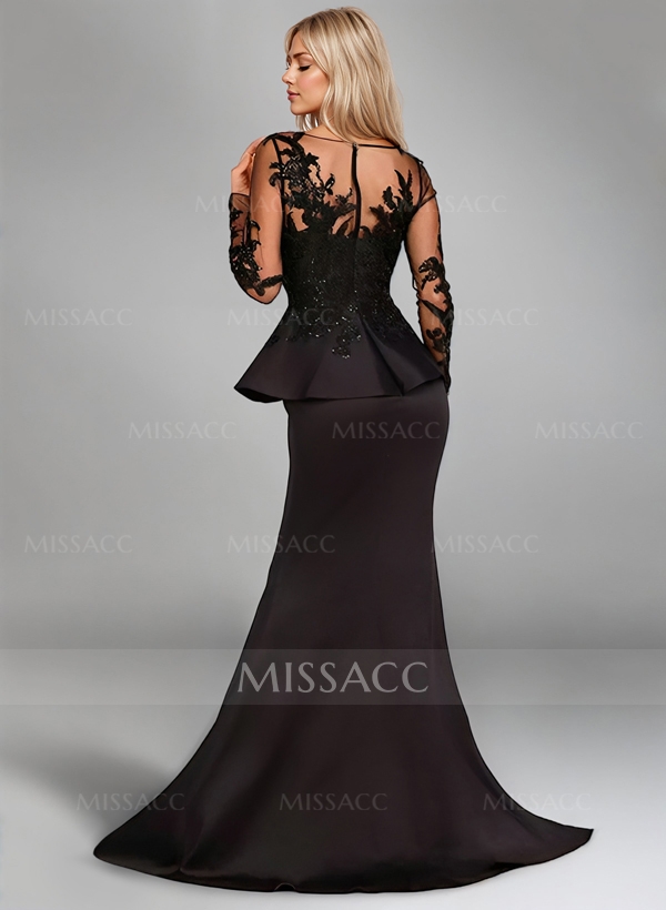 Mermaid Illusion Neck Long Sleeves Sweep Train Satin Evening Dresses With Appliques Lace