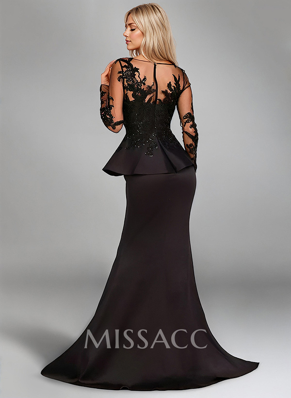 Mermaid Illusion Neck Long Sleeves Sweep Train Satin Evening Dresses With Appliques Lace