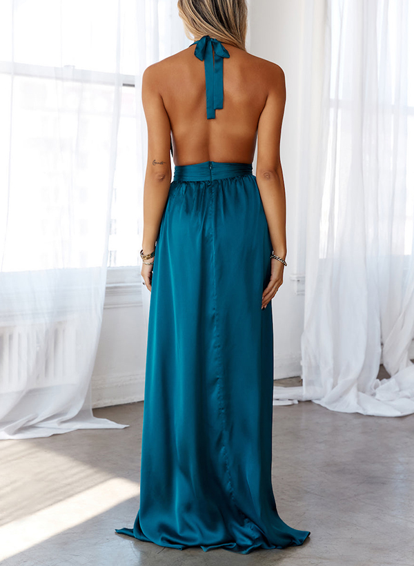 A-Line V-Neck Sleeveless Sweep Train Evening Dresses With Split Front