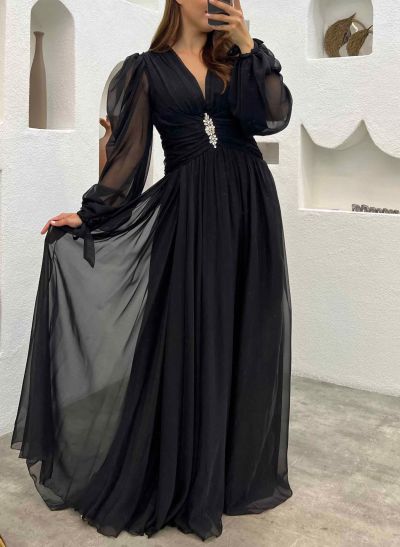 V-Neck Long Sleeves Beading A-Line Evening Dresses