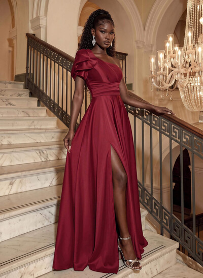 Simple One-Shoulder A-Line Satin Evening Dresses