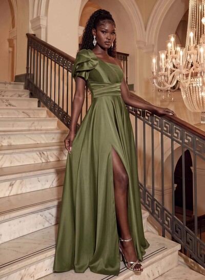 Simple One-Shoulder A-Line Satin Evening Dresses
