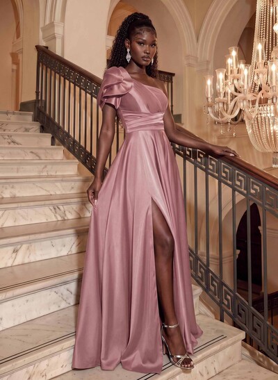 Simple One-Shoulder A-Line Satin Evening Dresses