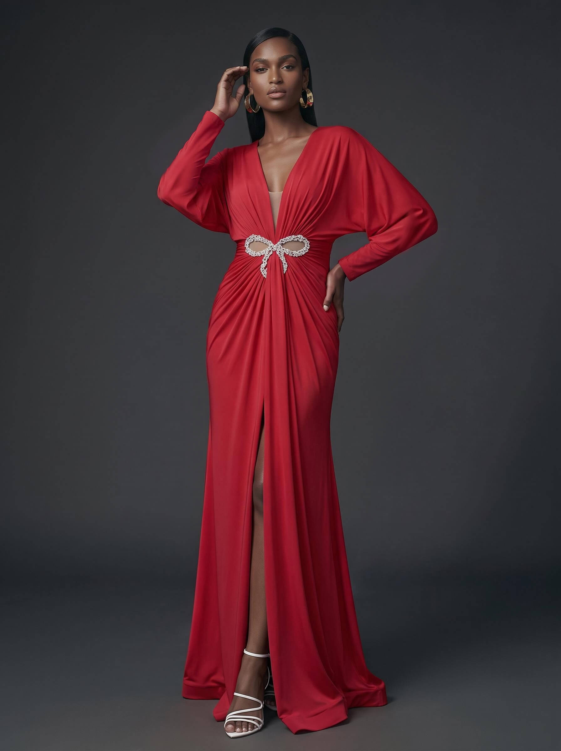 V-Neck Long Sleeves Beading Evening Dresses