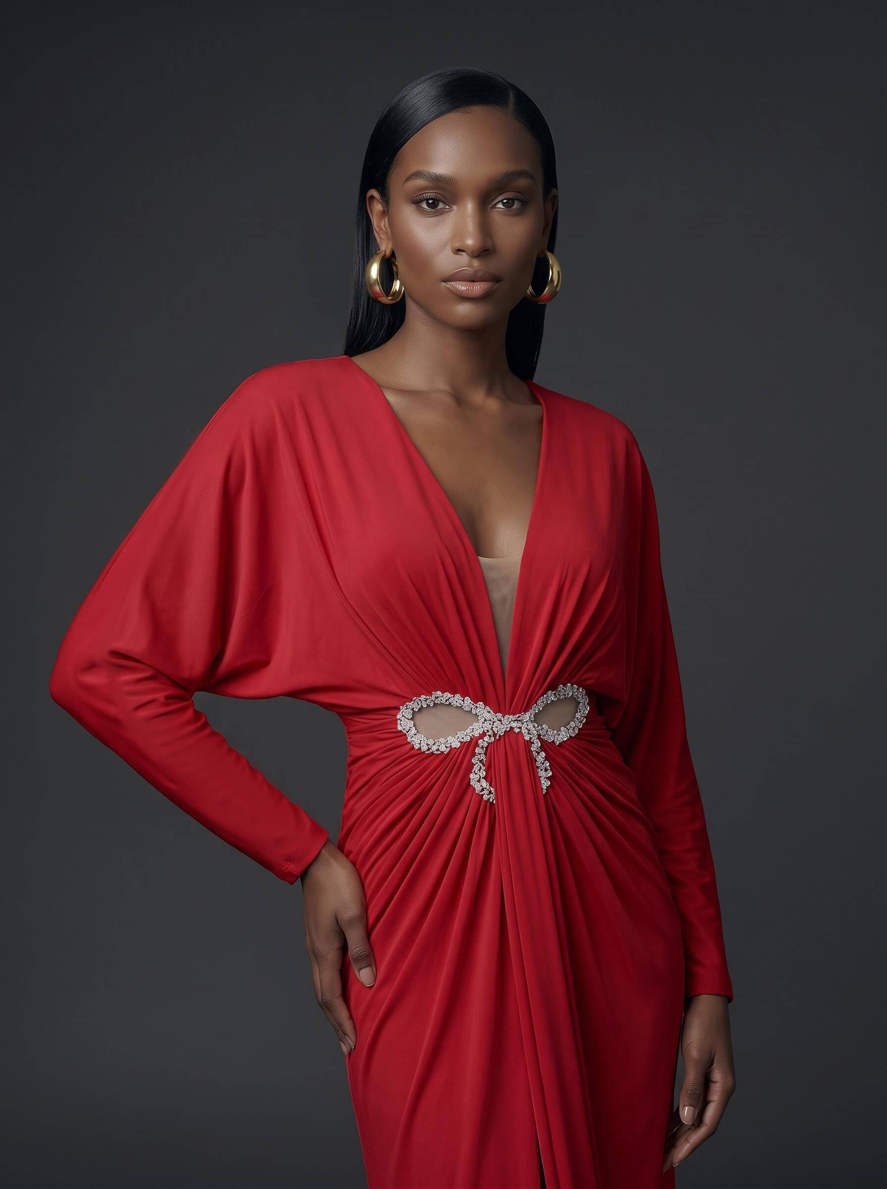 V-Neck Long Sleeves Beading Evening Dresses
