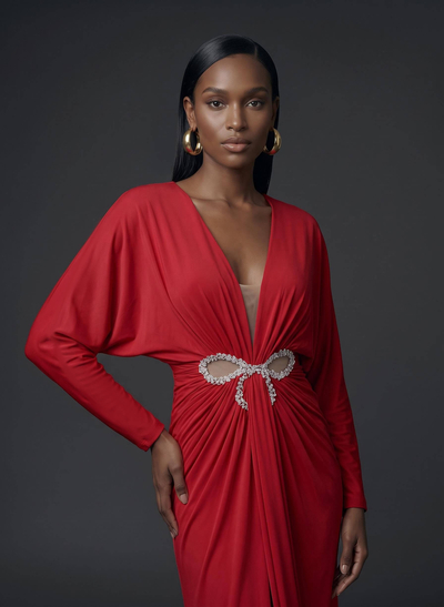 V-Neck Long Sleeves Beading Evening Dresses