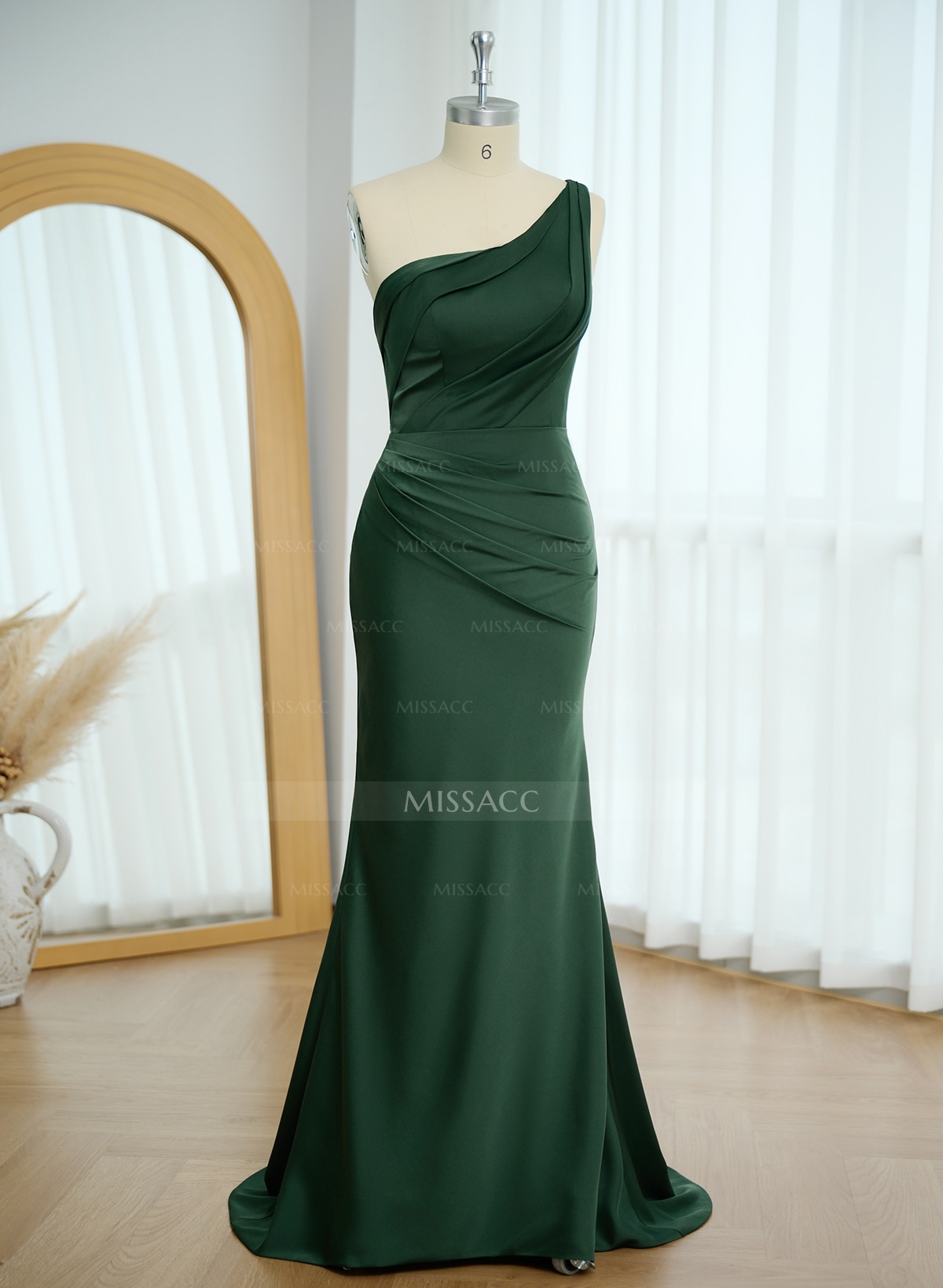 Sheath One-Shoulder Sleeveless Sweep Train Crepe Satin Evening Dresses