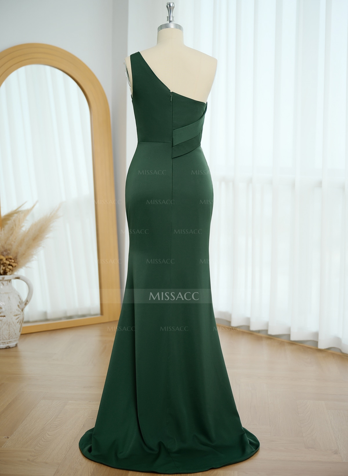 Sheath One-Shoulder Sleeveless Sweep Train Crepe Satin Evening Dresses