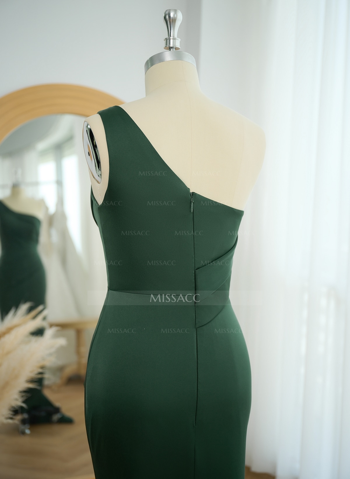 Sheath One-Shoulder Sleeveless Sweep Train Crepe Satin Evening Dresses