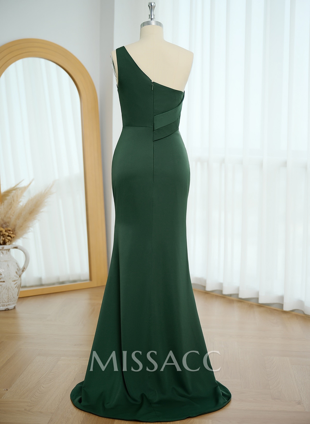 Sheath One-Shoulder Sleeveless Sweep Train Crepe Satin Evening Dresses Sheath One-Shoulder Sleeveless Sweep Train Crepe Satin Evening Dresses