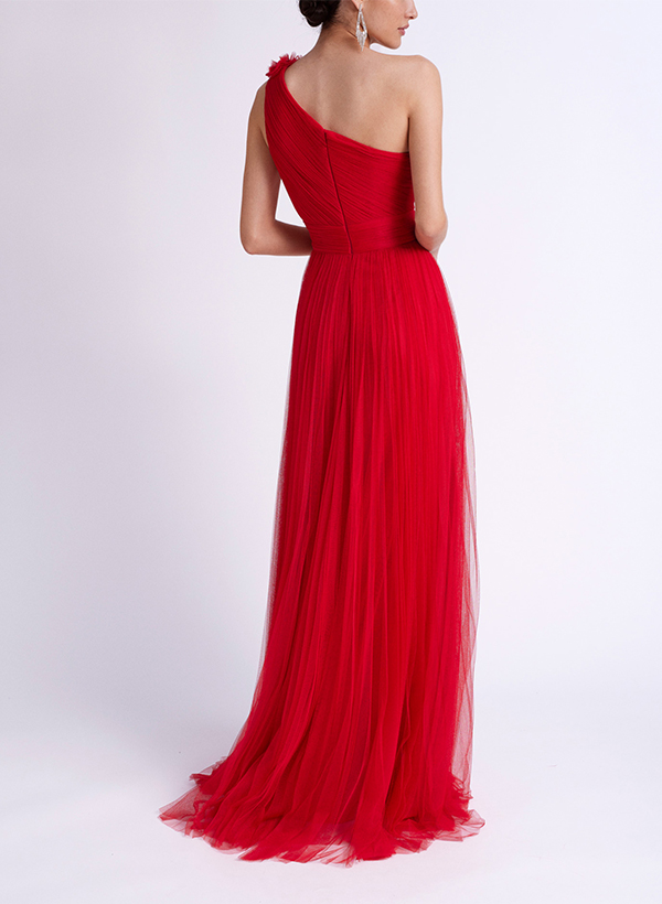 A-Line One-Shoulder Sleeveless Tulle Evening Dresses With Flower(s)