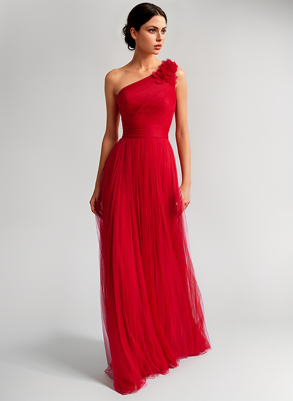 A-Line One-Shoulder Sleeveless Tulle Evening Dresses With Flower(s)