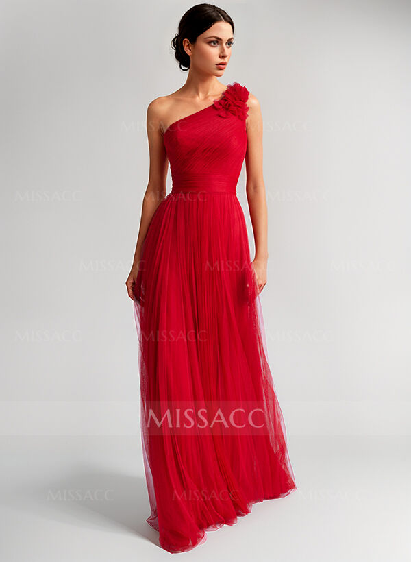 A-Line One-Shoulder Sleeveless Tulle Evening Dresses With Flower(s)