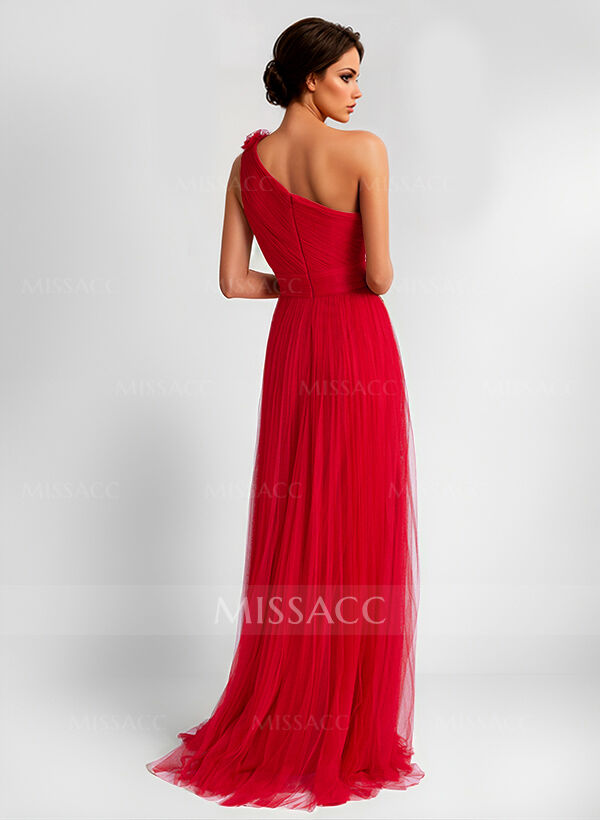 A-Line One-Shoulder Sleeveless Tulle Evening Dresses With Flower(s)