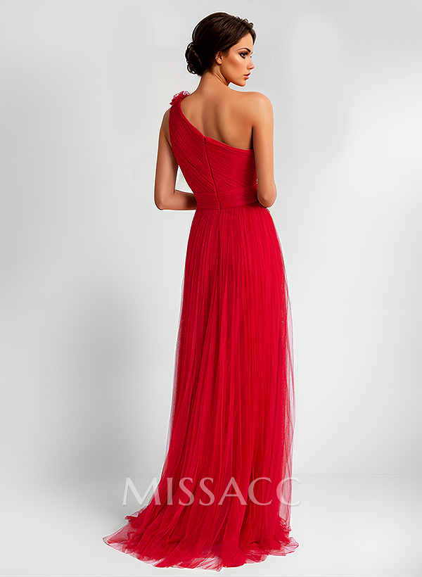 A-Line One-Shoulder Sleeveless Tulle Evening Dresses With Flower(s)