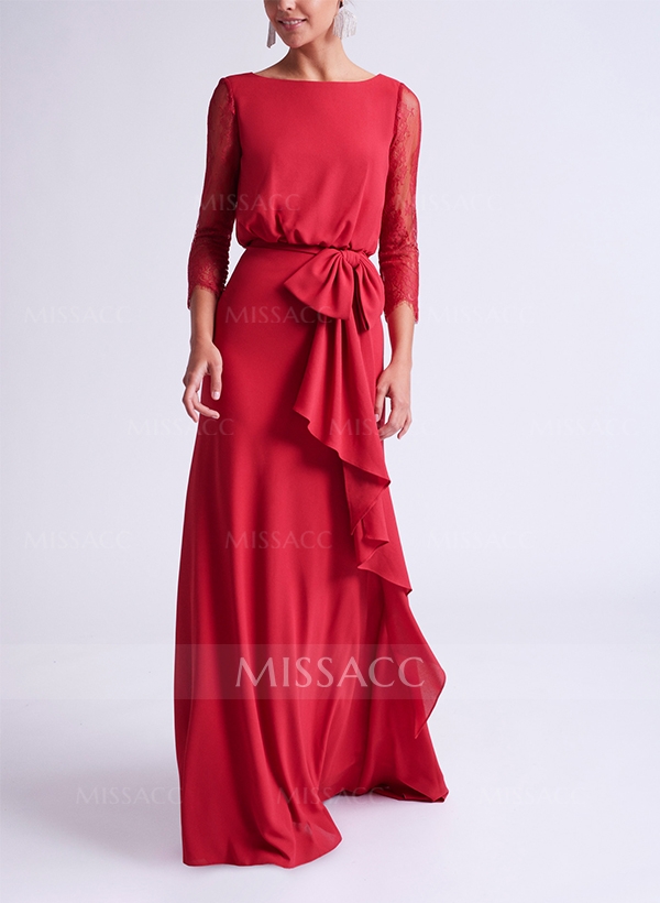 Sheath/Column Square Neckline 3/4 Sleeves Evening Dresses With Bow(s)