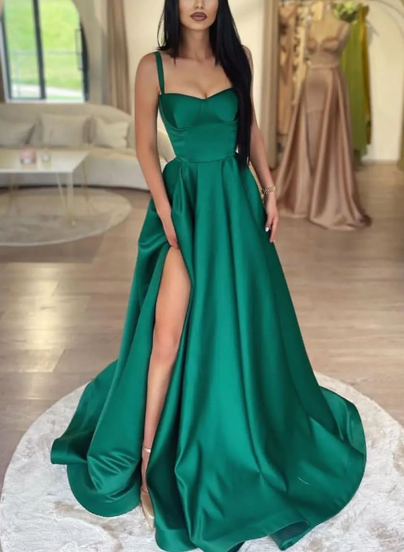 Simple A-Line Satin Green Evening Dresses