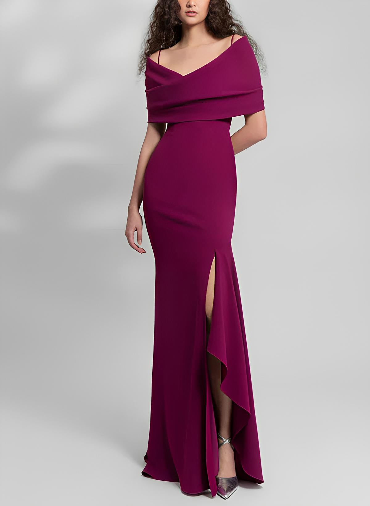 Off-The-Shoulder Sleeveless Sweep Train Elastic Satin Evening Dresses With Split Front