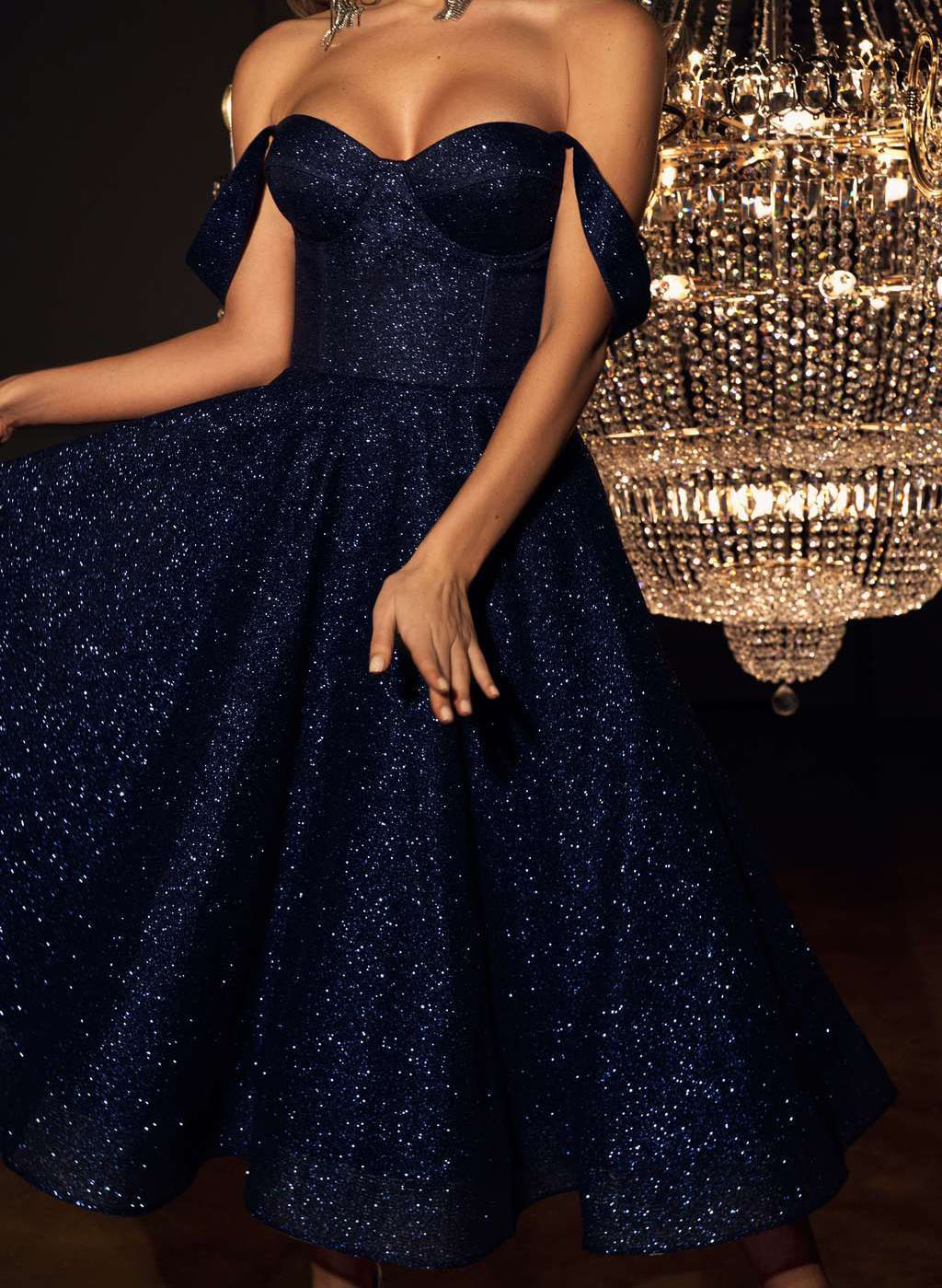 Off-The-Shoulder Sequined Tea-Length Evening Dresses