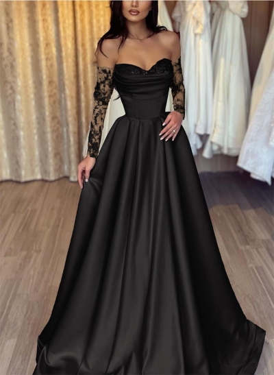 Lace Long Sleeves Sweetheart A-Line Evening Dresses With Satin