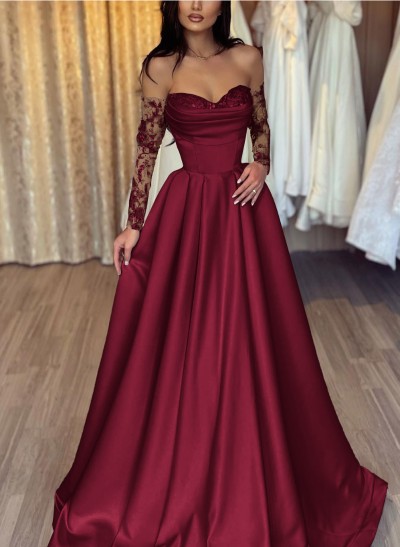 Lace Long Sleeves Sweetheart A-Line Evening Dresses With Satin