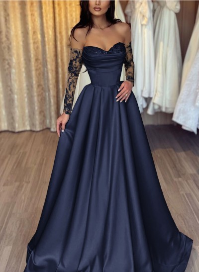 Lace Long Sleeves Sweetheart A-Line Evening Dresses With Satin
