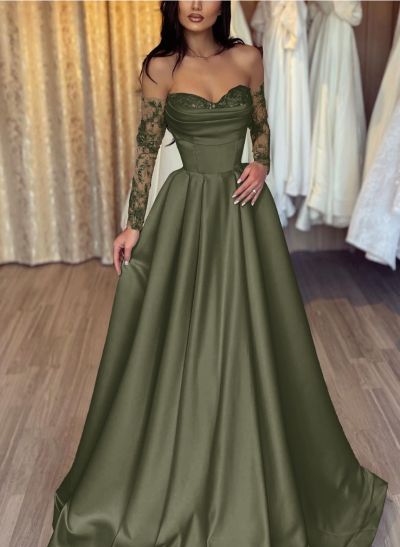 Lace Long Sleeves Sweetheart A-Line Evening Dresses With Satin